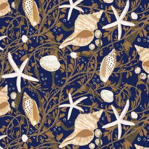 Seaweed and Seashells on Dark Navy Blue