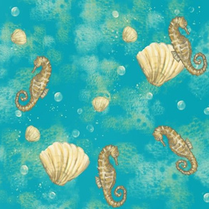 Gold Seahorses on Aqua Blue Seashells