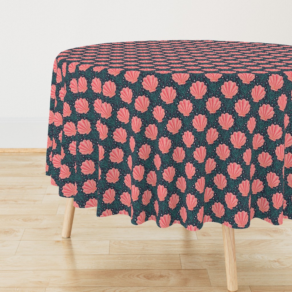 Scallop shell damask - small - coral & navy