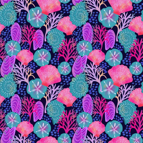 Seashell Fantasy: Navy Background, Bright Pink, Teal, Medium Scale