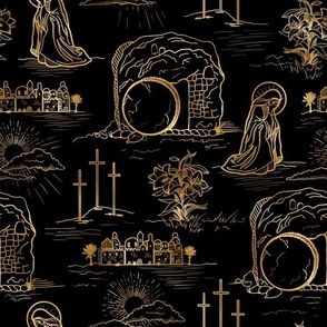 He is Not Here For He is Risen, Easter Toile de Jouy, Gold/Black by Brittanylane