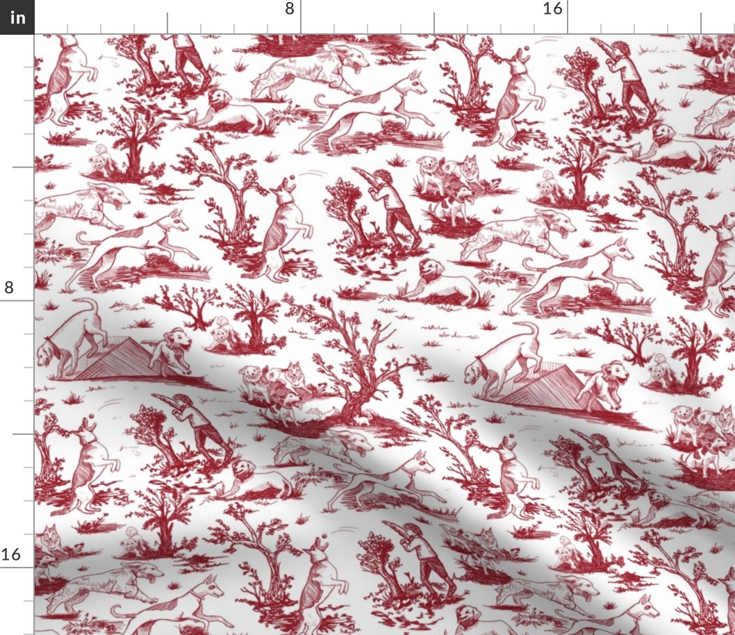 Small Dog Park Toile, Red on White