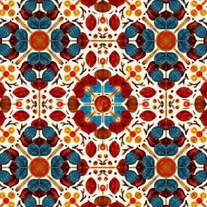 Wild-Retro-Harvest mandala with abstract fruit in blue orange red