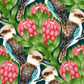 Australian Kookaburra with Proteas - on dark teal blue