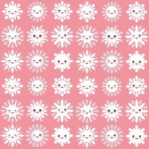 Kawaii snowflake set white funny face with eyes and pink cheeks on light pink