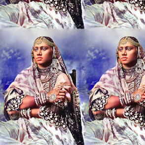 2 Indian lady woman south Asian Desi brown beautiful traditional dress cultural dark blue dusty pink sari saree shari veil pearls headdress necklace princess queen chains bracelets half body portraits historical 