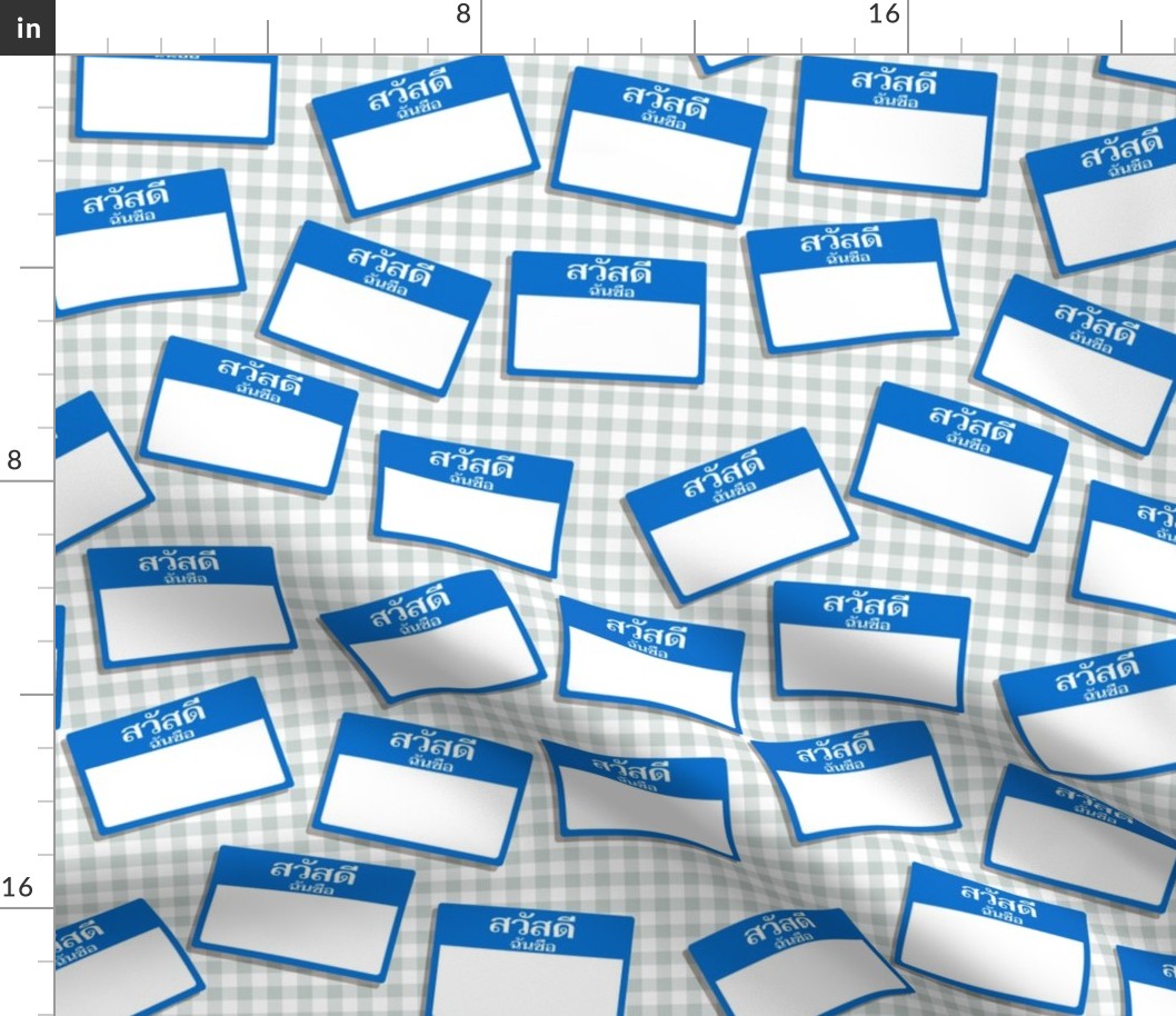 Scattered Thai 'hello my name is' nametags - blue on gingham