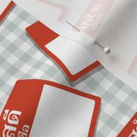 Scattered Thai 'hello my name is' nametags - red on grey gingham