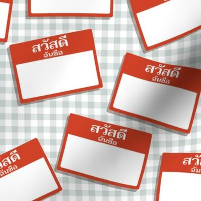 Scattered Thai 'hello my name is' nametags - red on grey gingham