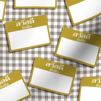 Scattered Thai 'hello my name is' nametags - mustard on grey gingham