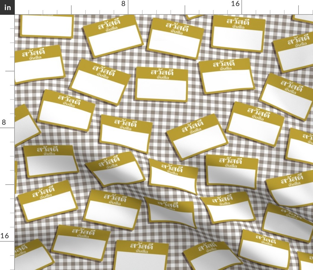 Scattered Thai 'hello my name is' nametags - mustard on grey gingham