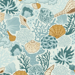 Shell Reef- Seashells on the ocean floor- Gold Isabelline shells in Teal Coral Reef on Honeydew White- Large Scale