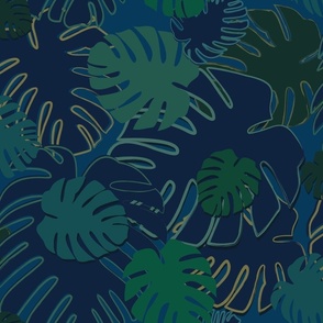 Monstera Leaves Large Scale Blue Green