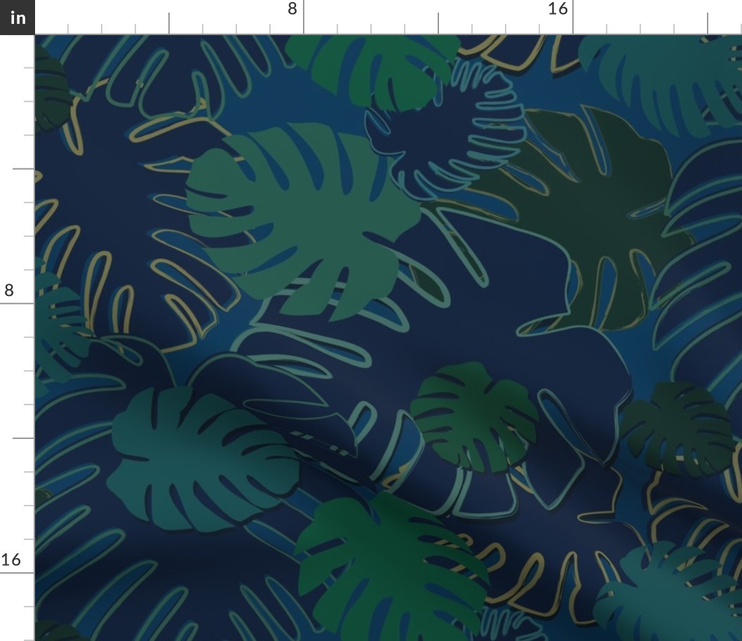 Monstera Leaves Large Scale Blue Green