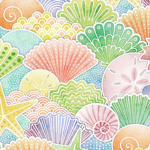 Rainbow Seashells- Summer Beach- Sea Shells Coastal Wallpaper- Watercolor Pastel Colors- Coastal Grandma- Large