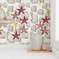 SeaShells, seahorses and starfish_ light sand_large