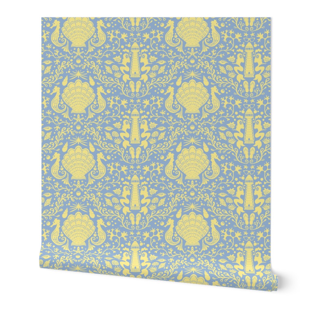 summer beach damask blue yellow | large