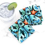 Sea Creature Silhouettes in Seashells - ocean blues and greens with bright orange starfish 