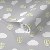 Grey Fabric with a Lemon Hot Air Balloon Design with White Clouds