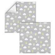 Grey Fabric with a Lemon Hot Air Balloon Design with White Clouds