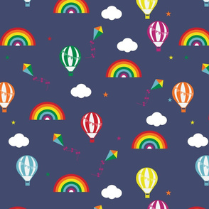 Dark Blue with a Rainbows and Multicoloured Hot Air Balloons Design