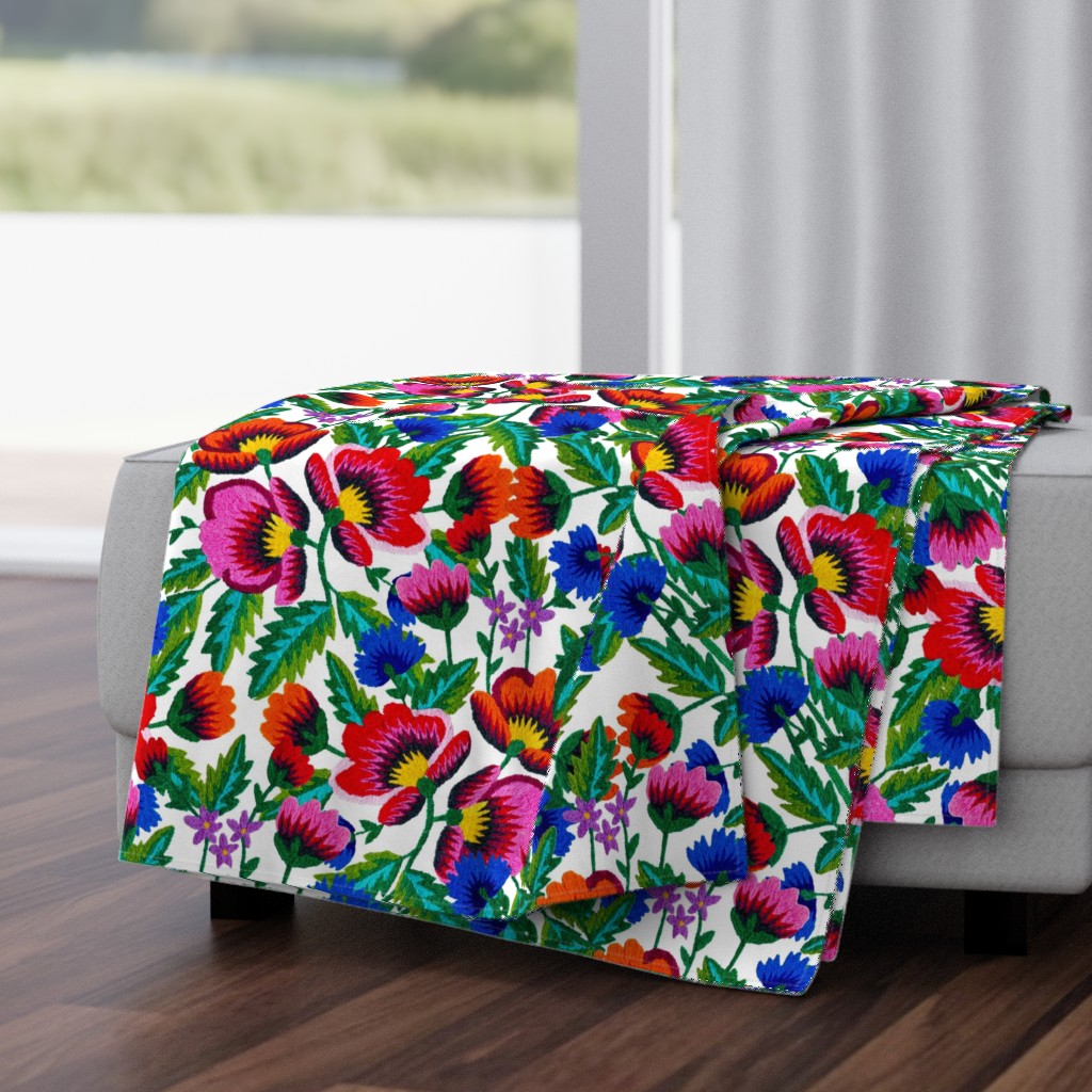 Grandmommy Flowering Bouquet - Poppy Cornflower Violet - Green Leaves - Blossom - Satin Stitch Obereg Embroidery - Large v. #2