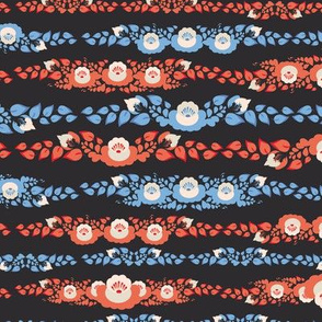 Vintage shabby Chic Seamless pattern with flowers and leaves blue red flowers on black