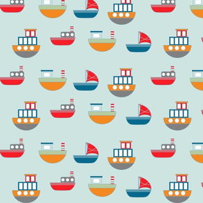 Pale Blue with Multicoloured Boats Design
