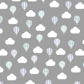 Grey Fabric with Multicoloured Hot Air Balloons and Clouds