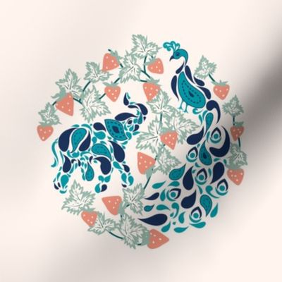 Mayur Gaj- Paisley Elephant and Peacock in Strawberry Patch- Embroidery Template in Peacock Blue Midnight Coral Jade