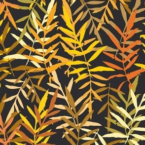 leafs tropical fern palm. Gold yellow mustard orange brown silhouette on Black