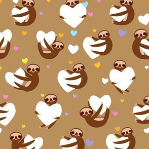 Cute kawaii Three-toed sloths and  white hearts, Sepia, Caramel, bronze, Rust, copper background; valentines day