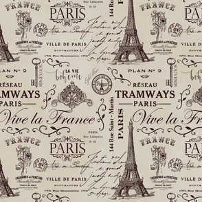 Vintage Paris Ephemera And Calligraphy Pattern Beige Smaller Scale