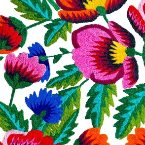 Grandmommy Flowering Bouquet - Poppy Cornflower Violet - Green Leaves - Blossom - Satin Stitch Obereg Embroidery - Mega Large v. #2