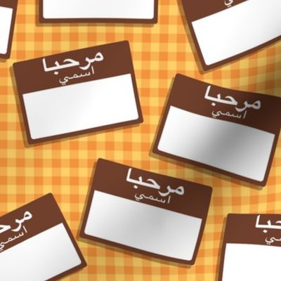 Scattered Arabic 'hello my name is' nametags - brown on yellow-orangegingham