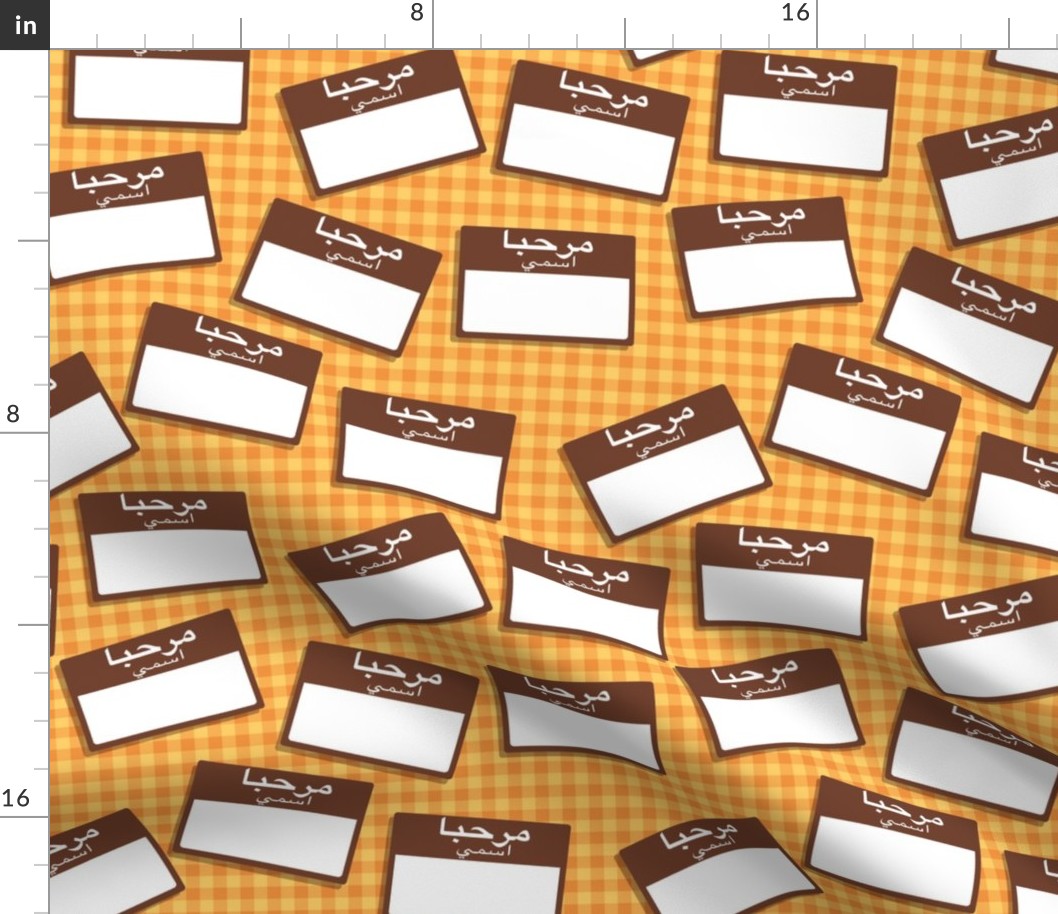 Scattered Arabic 'hello my name is' nametags - brown on yellow-orangegingham