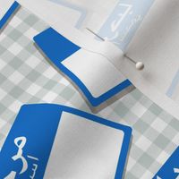 Scattered Arabic 'hello my name is' nametags - blue on gingham