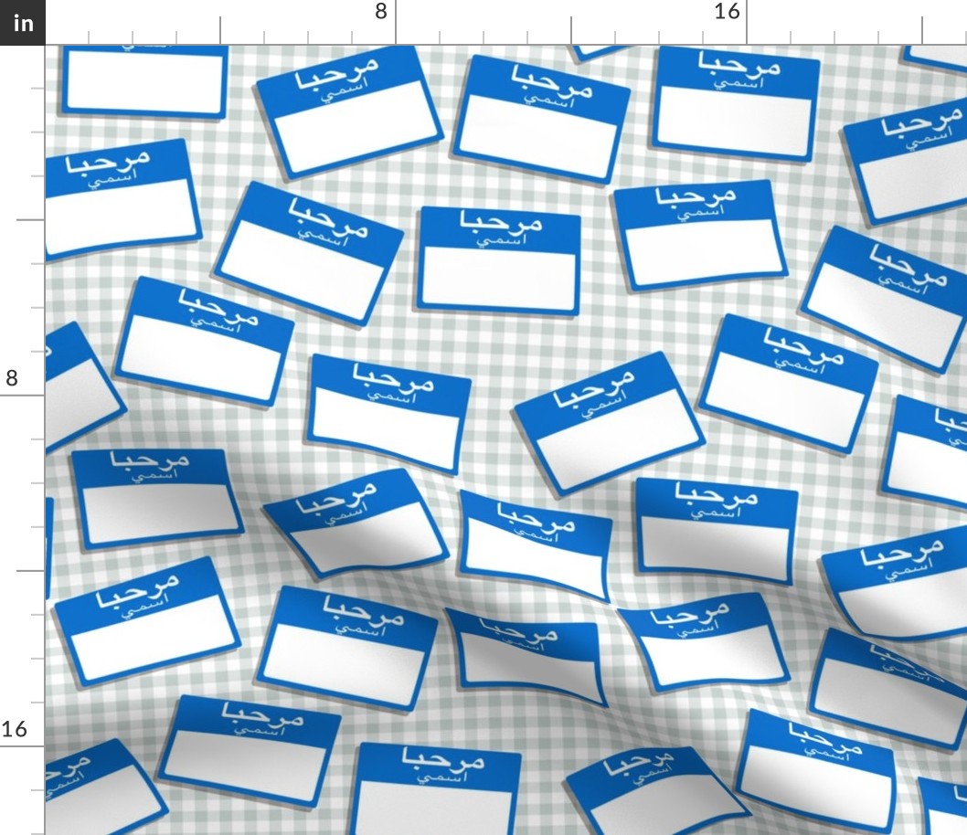Scattered Arabic 'hello my name is' nametags - blue on gingham