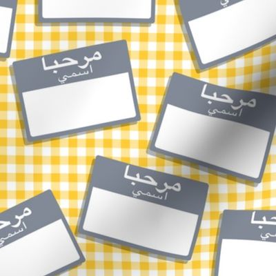 Scattered Arabic 'hello my name is' nametags - grey on yellow gingham