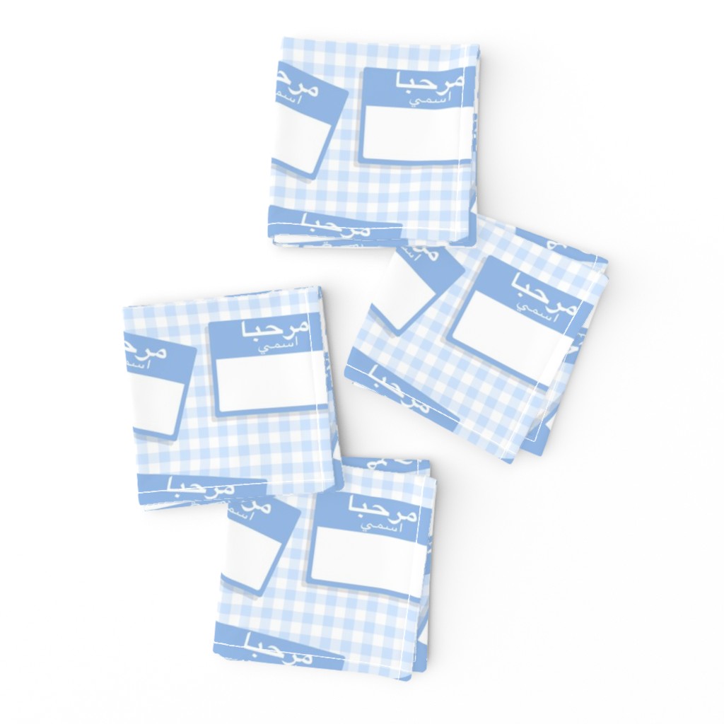 Scattered Arabic 'hello my name is' nametags - light blue on baby blue gingham