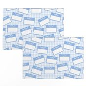 Scattered Arabic 'hello my name is' nametags - light blue on baby blue gingham