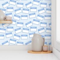 Scattered Arabic 'hello my name is' nametags - light blue on baby blue gingham