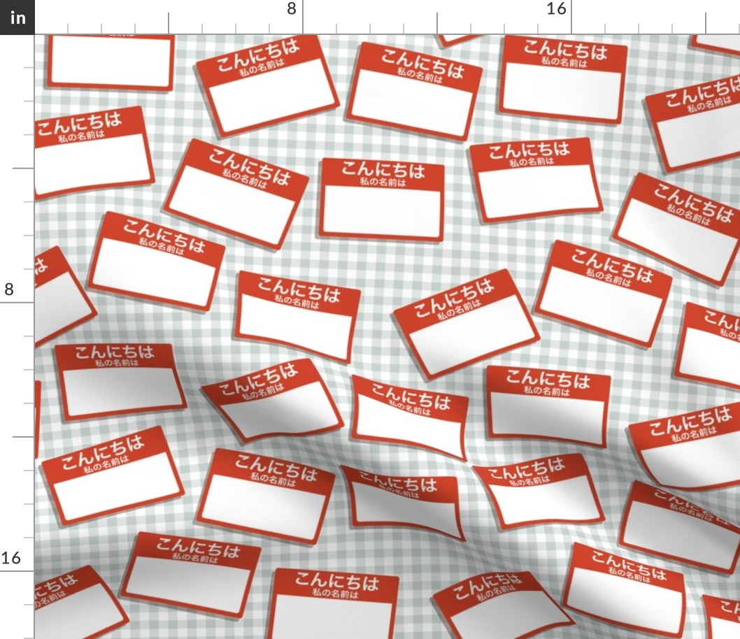 Scattered Japanese 'hello my name is' nametags - red on grey gingham