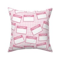 Scattered Japanese 'hello my name is' nametags - light pink on baby pink gingham