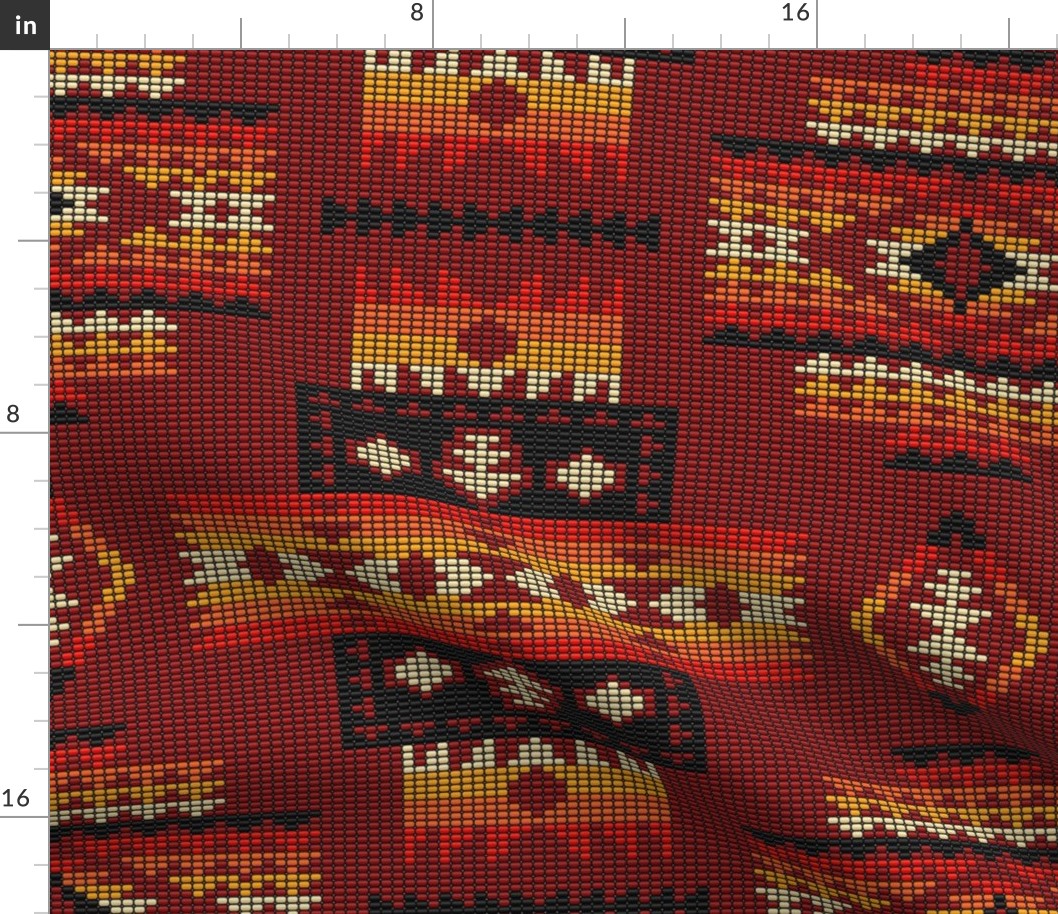 Tribal Aztec kilim dark red beads large