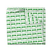 Cut-and-sew Bengali 'hello my name is' nametags in green
