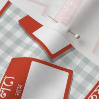 Scattered Bengali 'hello my name is' nametags - red on grey gingham