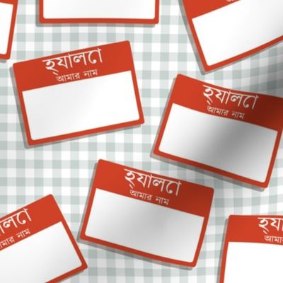 Scattered Bengali 'hello my name is' nametags - red on grey gingham