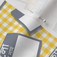 Scattered Bengali 'hello my name is' nametags - grey on yellow gingham