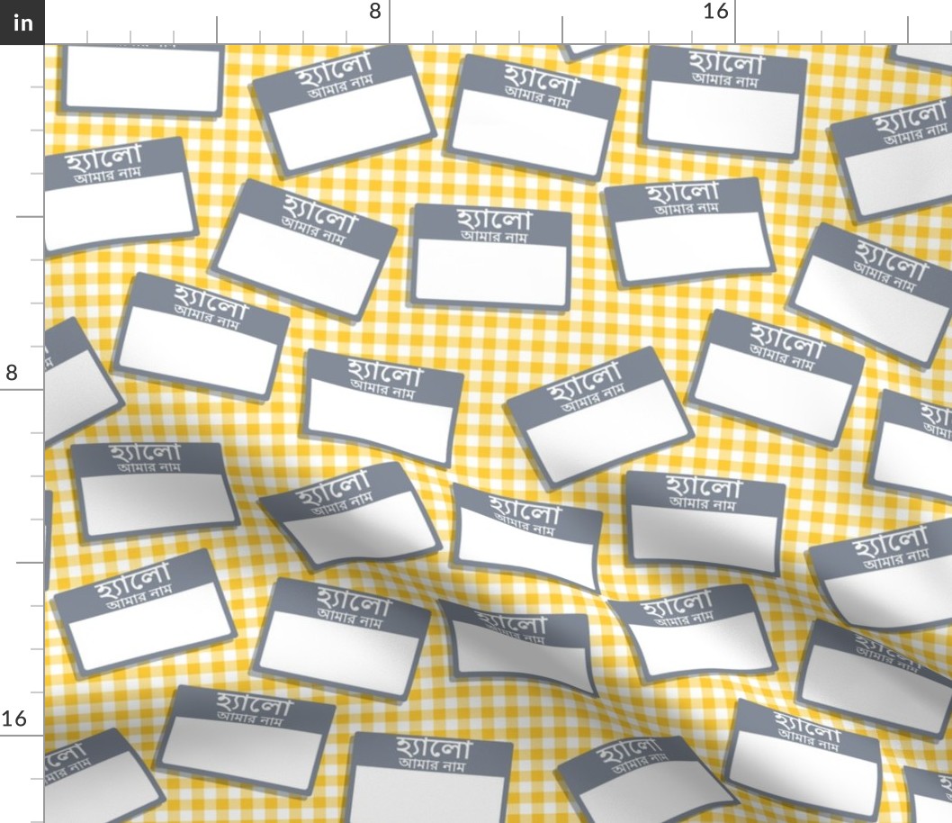 Scattered Bengali 'hello my name is' nametags - grey on yellow gingham